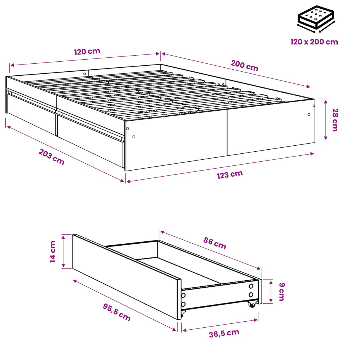 Giroletto Cassetti Grigio Sonoma 120x200 cm Legno Multistrato