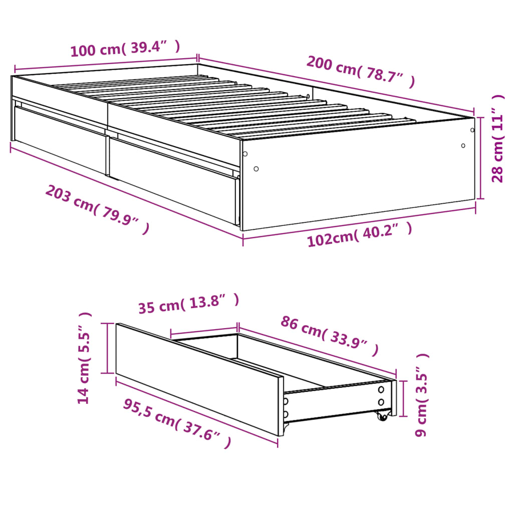 Giroletto con Cassetti Rovere Fumo 100x200 cm Legno Multistrato | homemem39