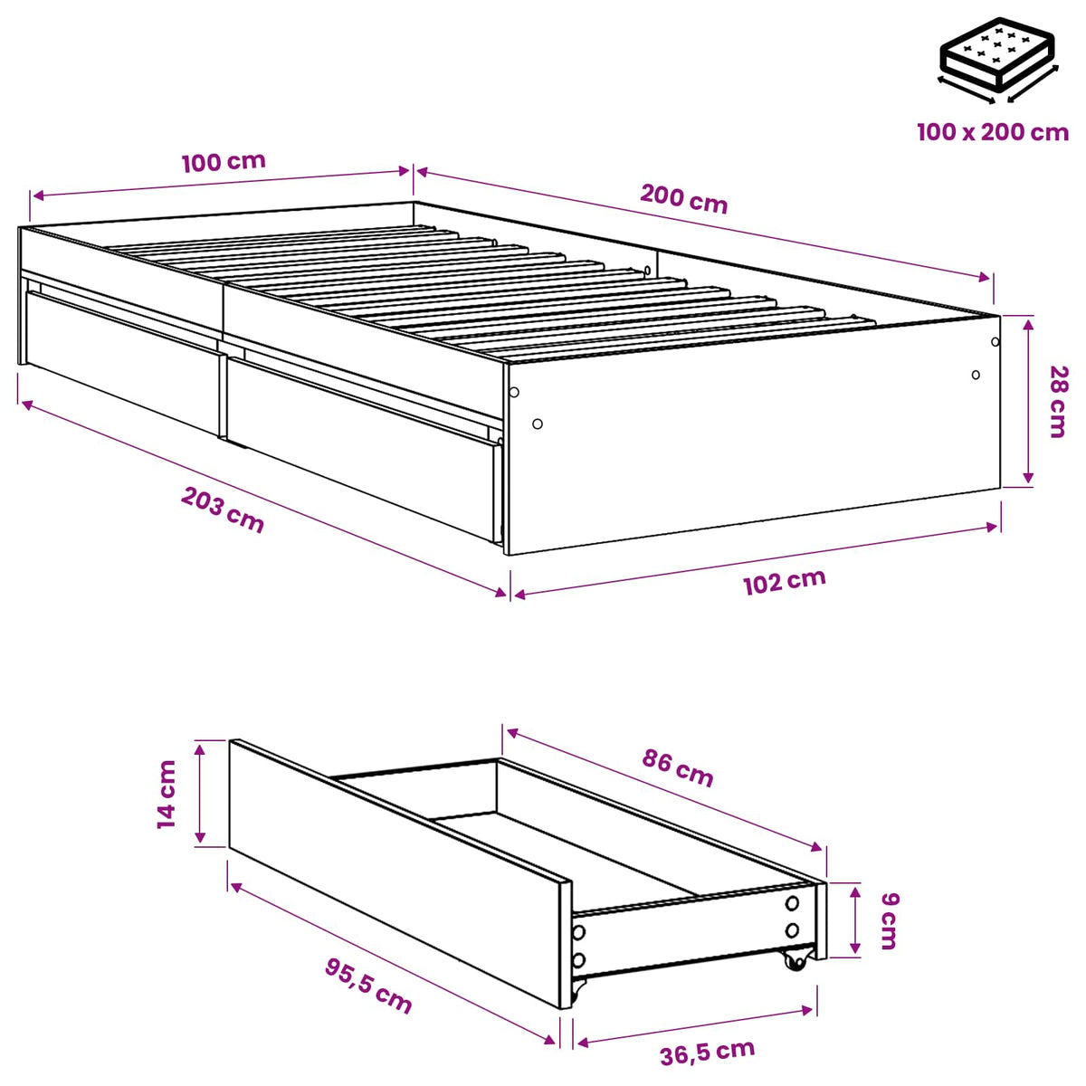 Giroletto con Cassetti Rovere Fumo 100x200 cm Legno Multistrato