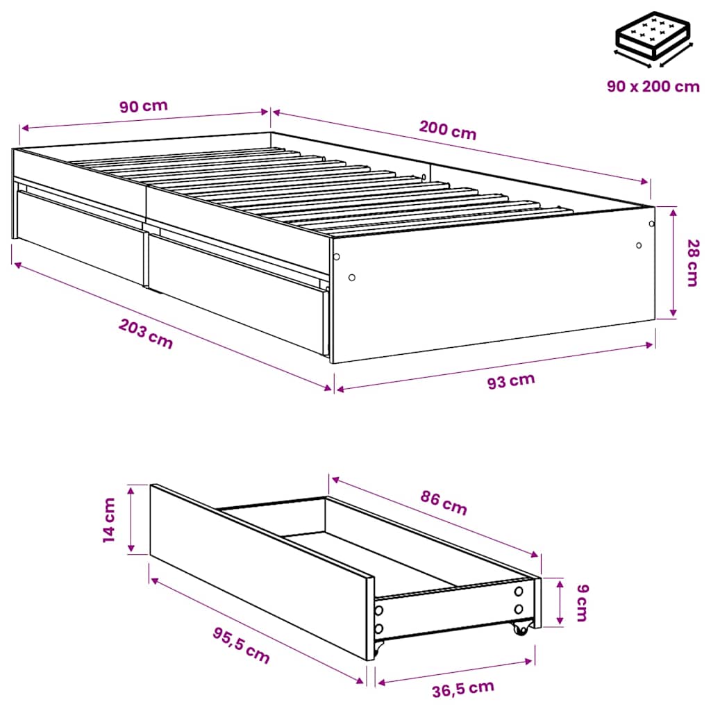 Giroletto Cassetti Rovere Sonoma 90x200 cm Legno Multistrato