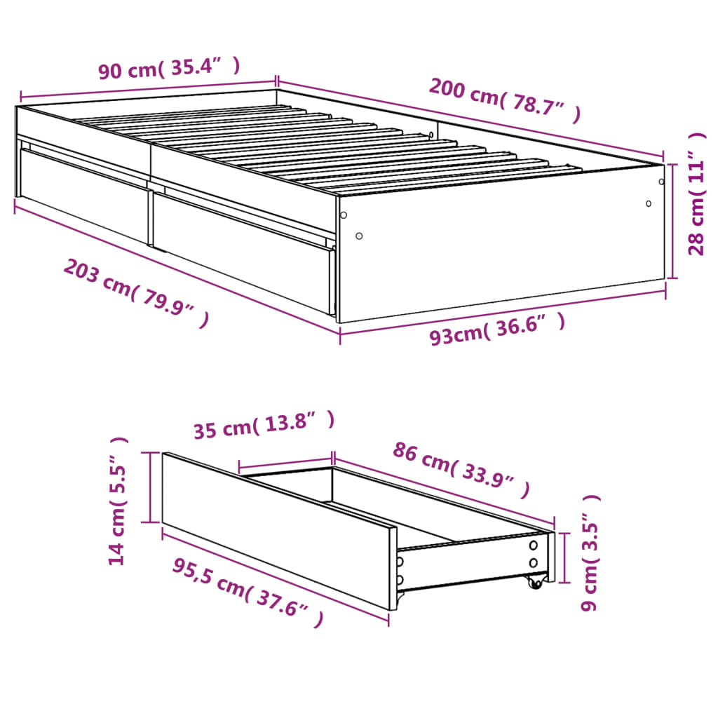 Giroletto Cassetti Grigio Sonoma 90x200 cm Legno Multistrato | homemem39