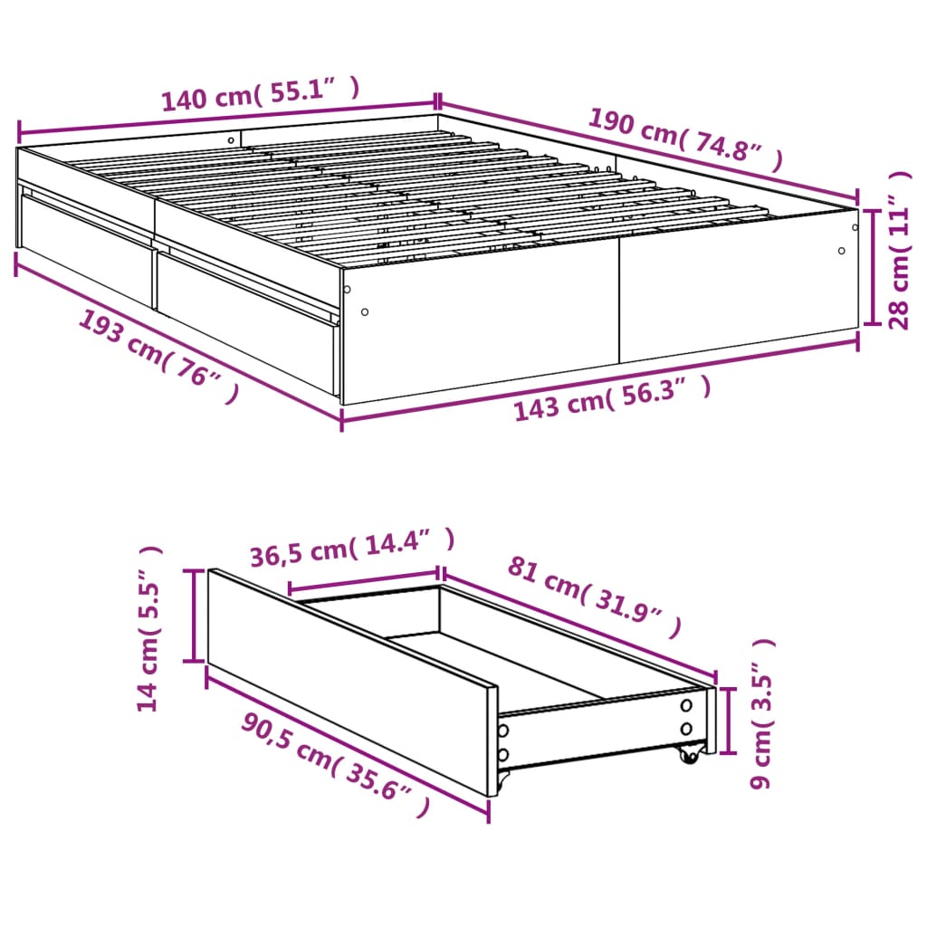Giroletto con Cassetti Bianco 140x190 cm in Legno Multistrato | homemem39