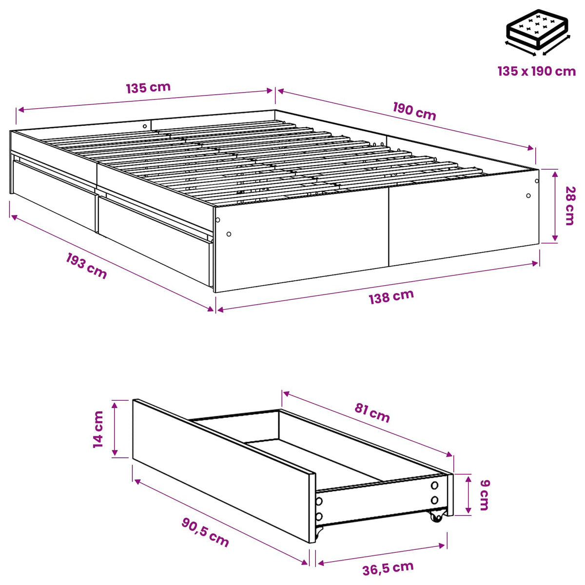 Giroletto Cassetti Rovere Sonoma 135x190 cm Legno Multistrato | homemem39