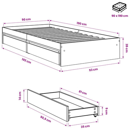 Giroletto con Cassetti Nero 90x190 cm in Legno Multistrato | homemem39