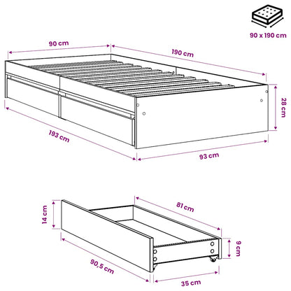 Giroletto con Cassetti Rovere Fumo 90x190 cm Legno Multistrato