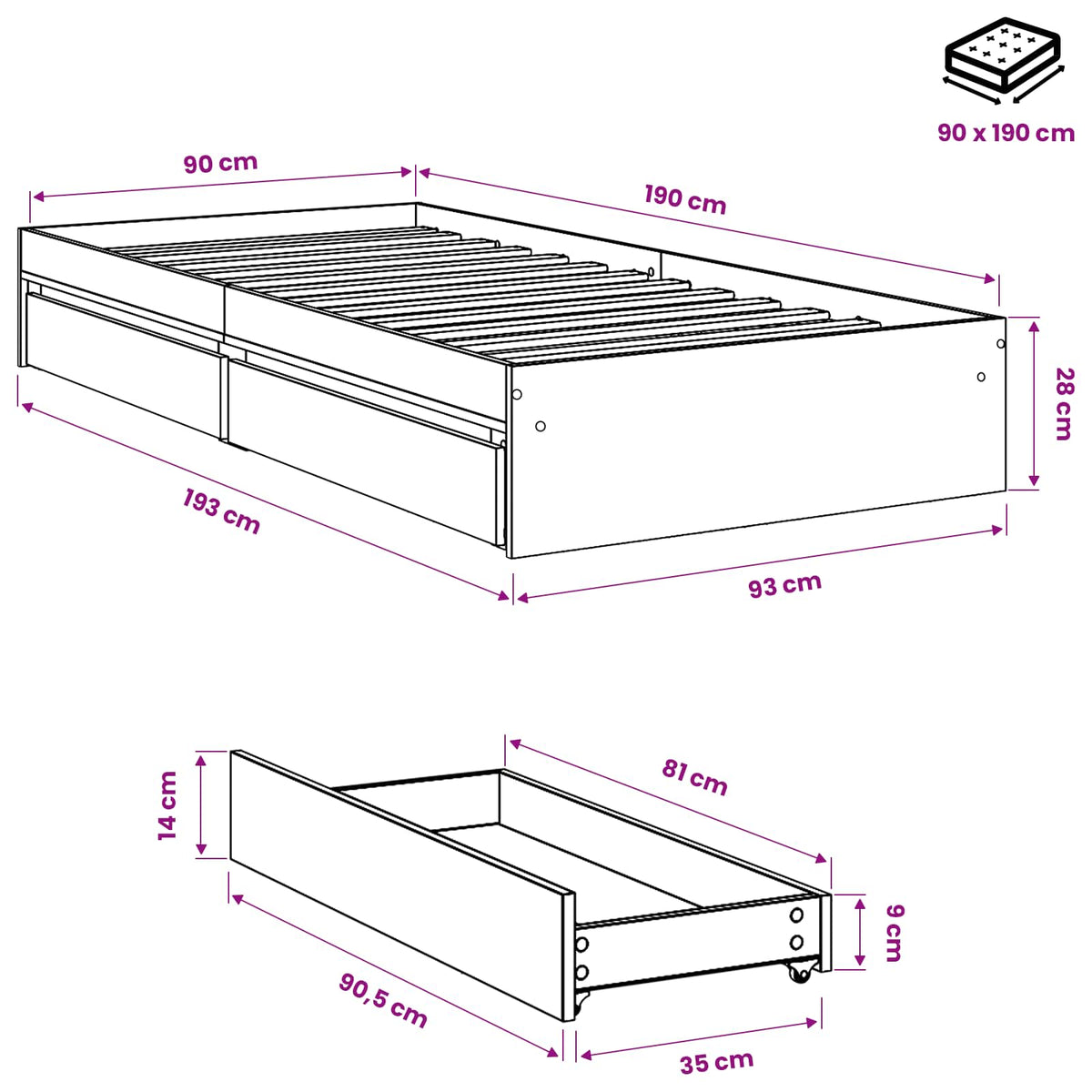 Giroletto con Cassetti Rovere Fumo 90x190 cm Legno Multistrato