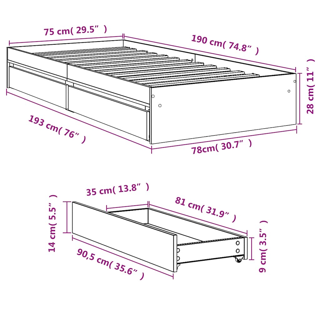 Giroletto con Cassetti Nero 75x190 cm in Legno Multistrato | homemem39