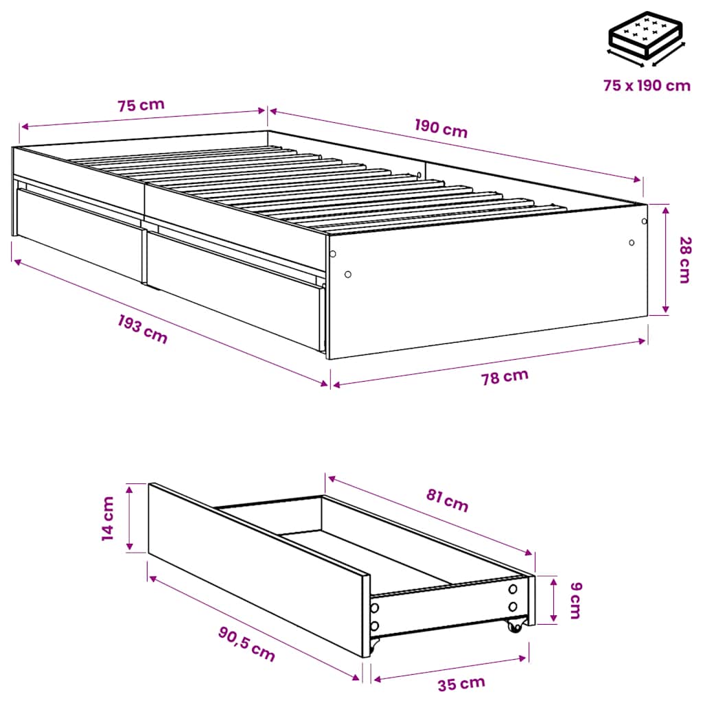 Giroletto con Cassetti Rovere Fumo 75x190 cm Legno Multistrato