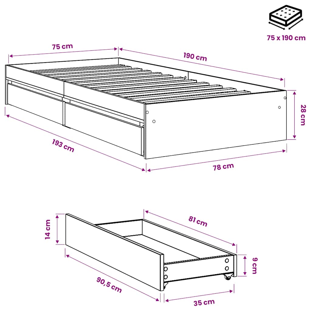 Giroletto Cassetti Grigio Sonoma 75x190 cm Legno Multistrato
