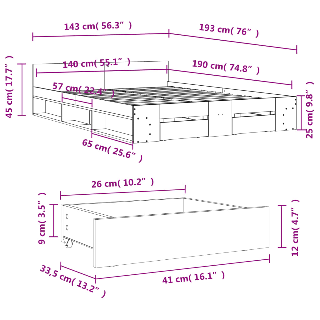 Giroletto Cassetti Rovere Sonoma 140x190 cm Legno Multistrato | homemem39