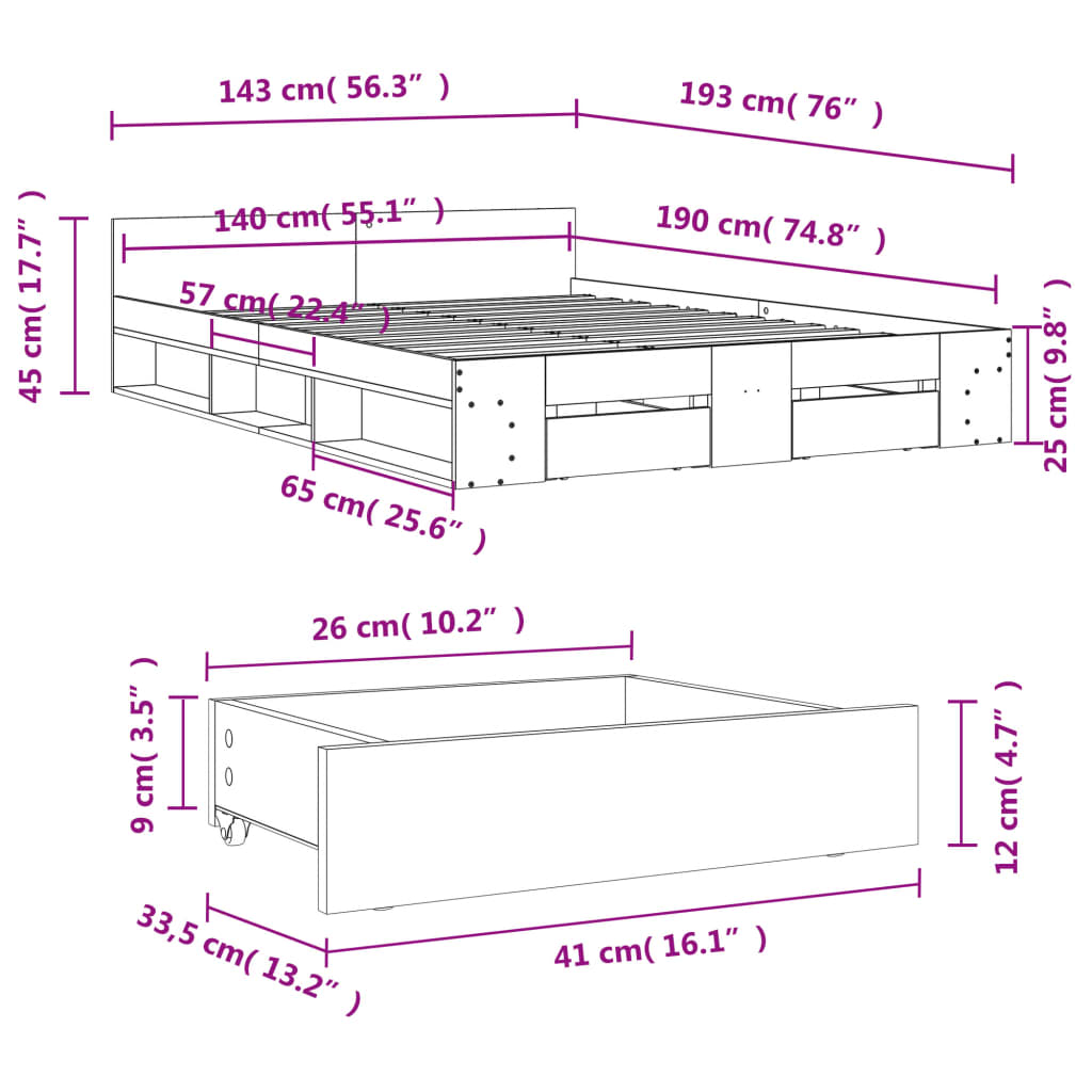 Giroletto Cassetti Grigio Cemento 140x190 cm Legno Multistrato | homemem39