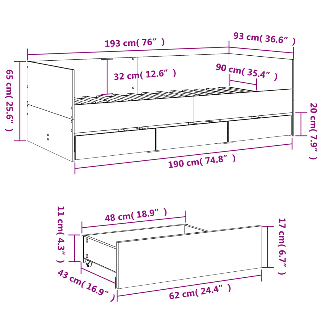 Sofa Bed with Drawers Sonoma Gray 90x190 cm Multilayer