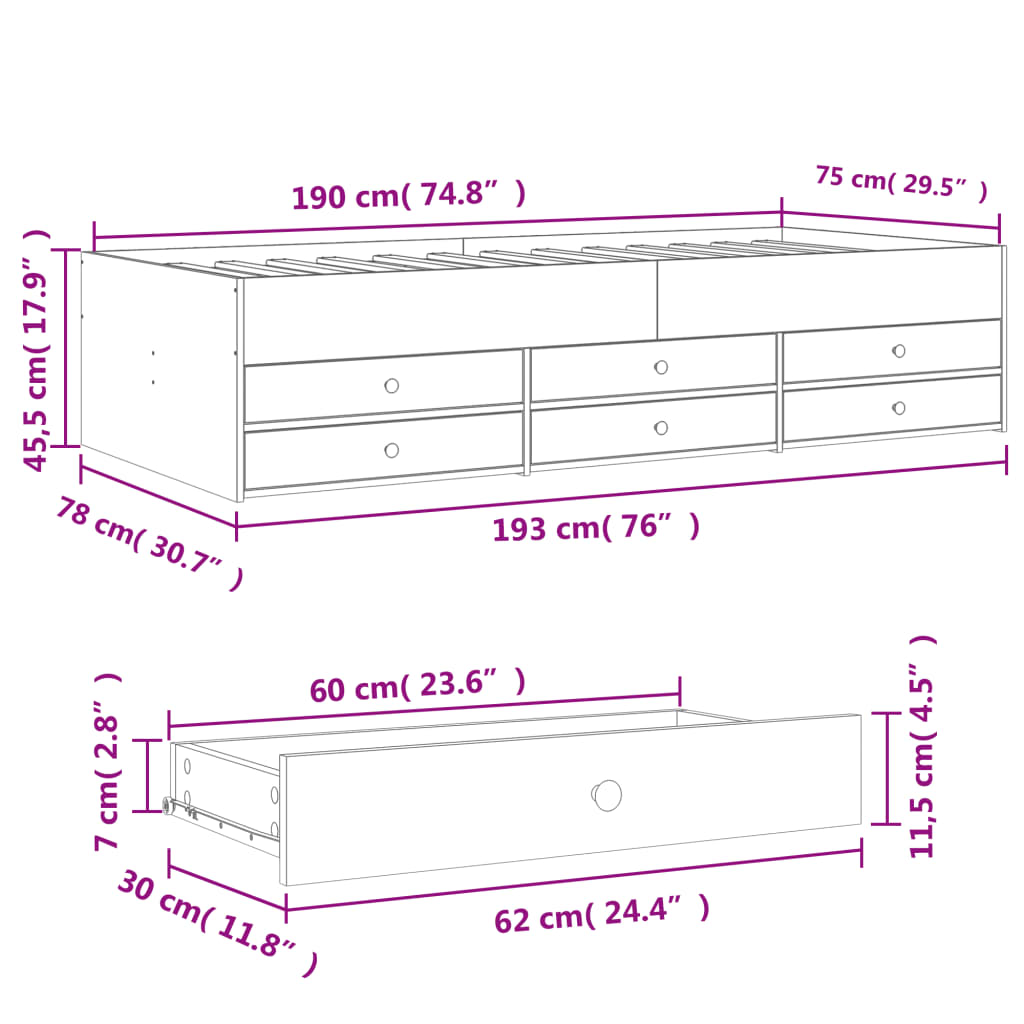 Divano Letto con Cassetti senza Materasso 75x190 cm | homemem39