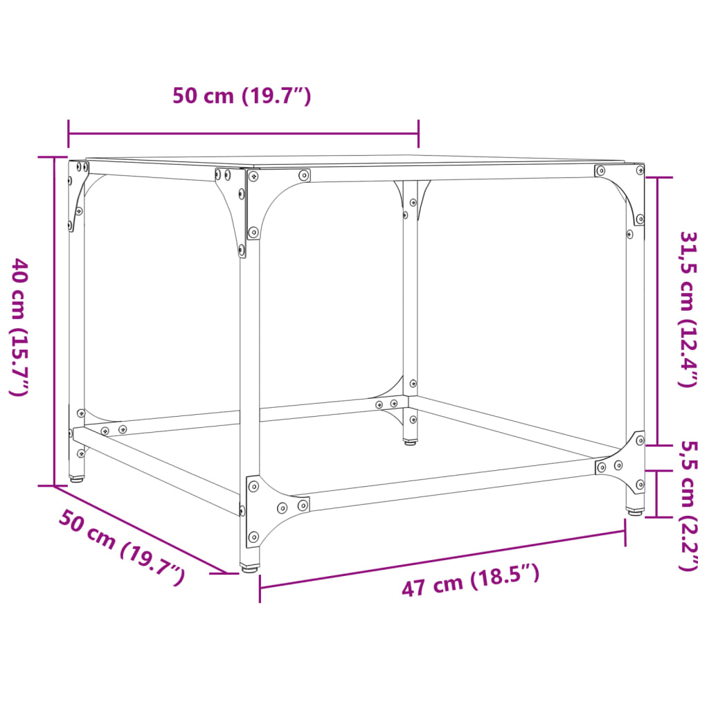 Tavolino Salotto con Piano Vetro Trasparente 50x50x40cm Acciaio