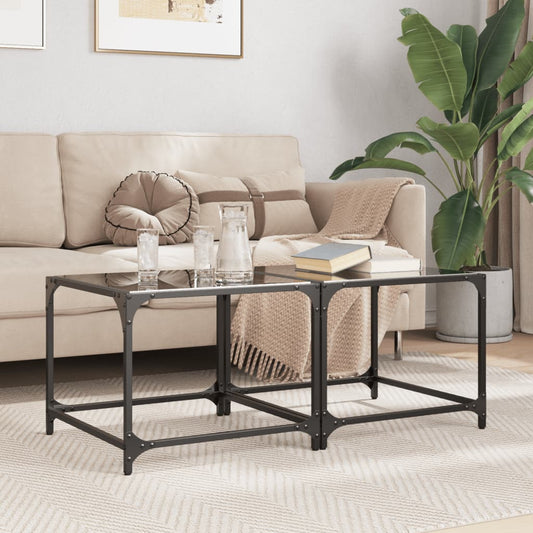 Tavolini da Salotto con Piano Vetro Nero 2pz 50x50x40cm Acciaio | homemem39