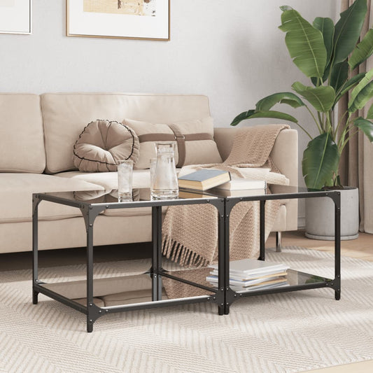 Tavolini da Salotto con Piano Vetro Nero 2pz 50x50x40cm Acciaio | homemem39