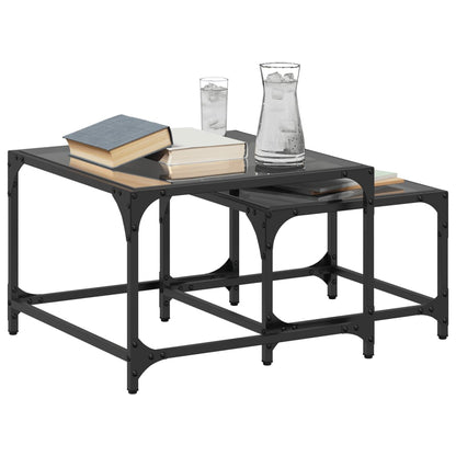 Tavolini Impilabili 2pz con Piano Vetro Nero in Acciaio | homemem39