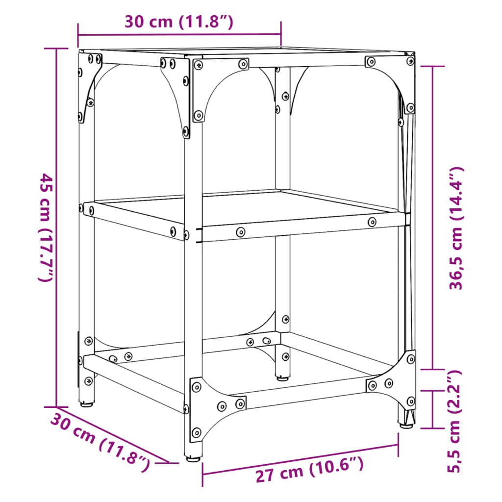 Tavolino Salotto con Piano Vetro Trasparente 30x30x45cm Acciaio