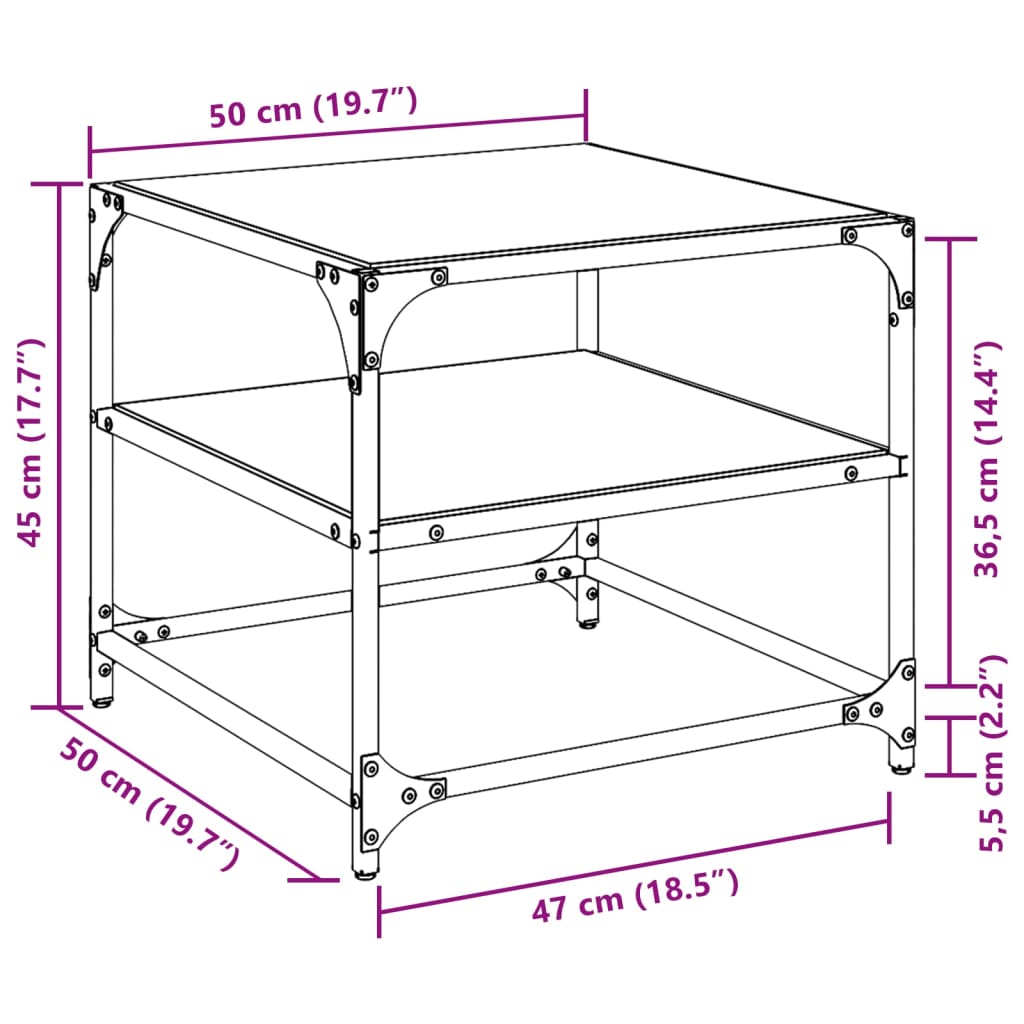 Tavolino Salotto con Piano Vetro Trasparente 50x50x45cm Acciaio