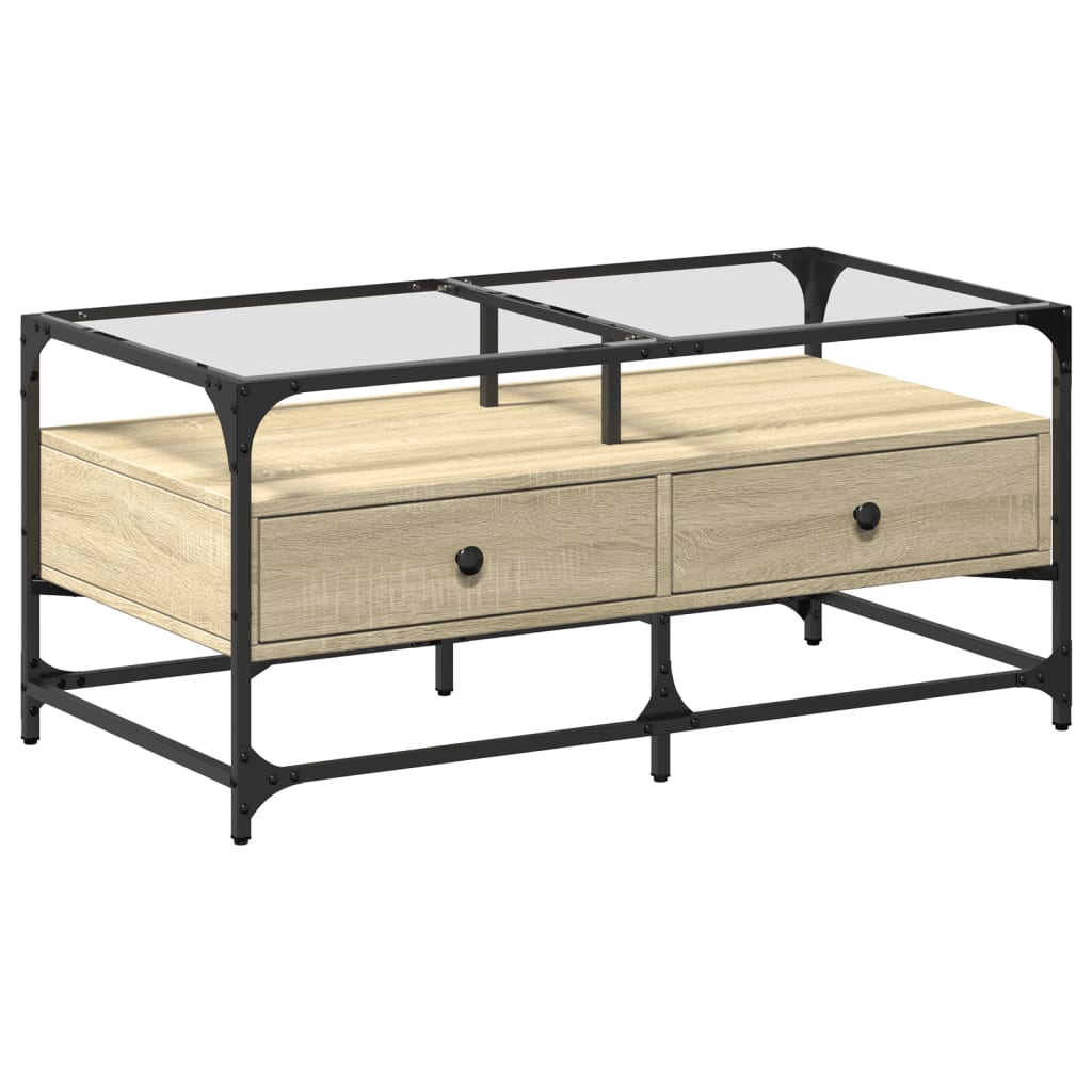 Tavolino con Piano in Vetro Rovere Sonoma 98,5x50x45 cm Acciaio | homemem39