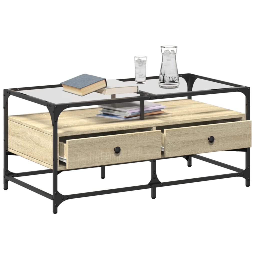 Tavolino con Piano in Vetro Rovere Sonoma 98,5x50x45 cm Acciaio | homemem39