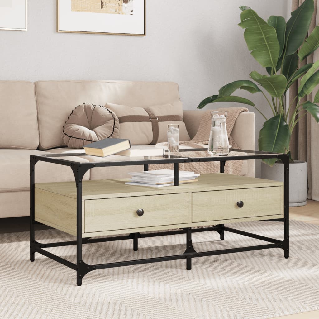 Tavolino con Piano in Vetro Rovere Sonoma 98,5x50x45 cm Acciaio | homemem39