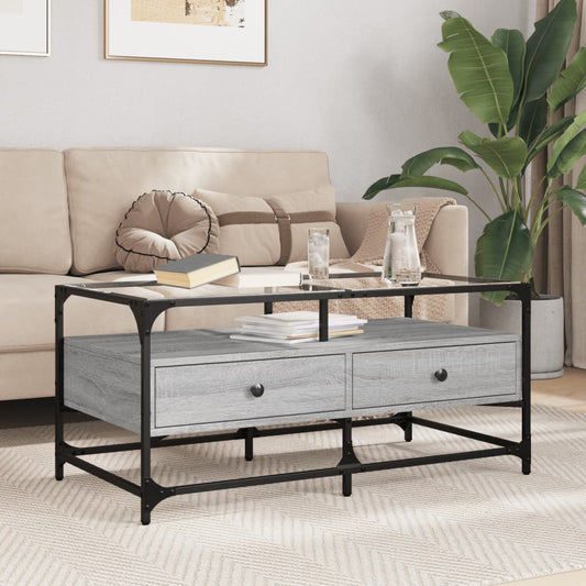 Tavolino con Piano in Vetro Grigio Cemento 98,5x50x45cm Acciaio | homemem39