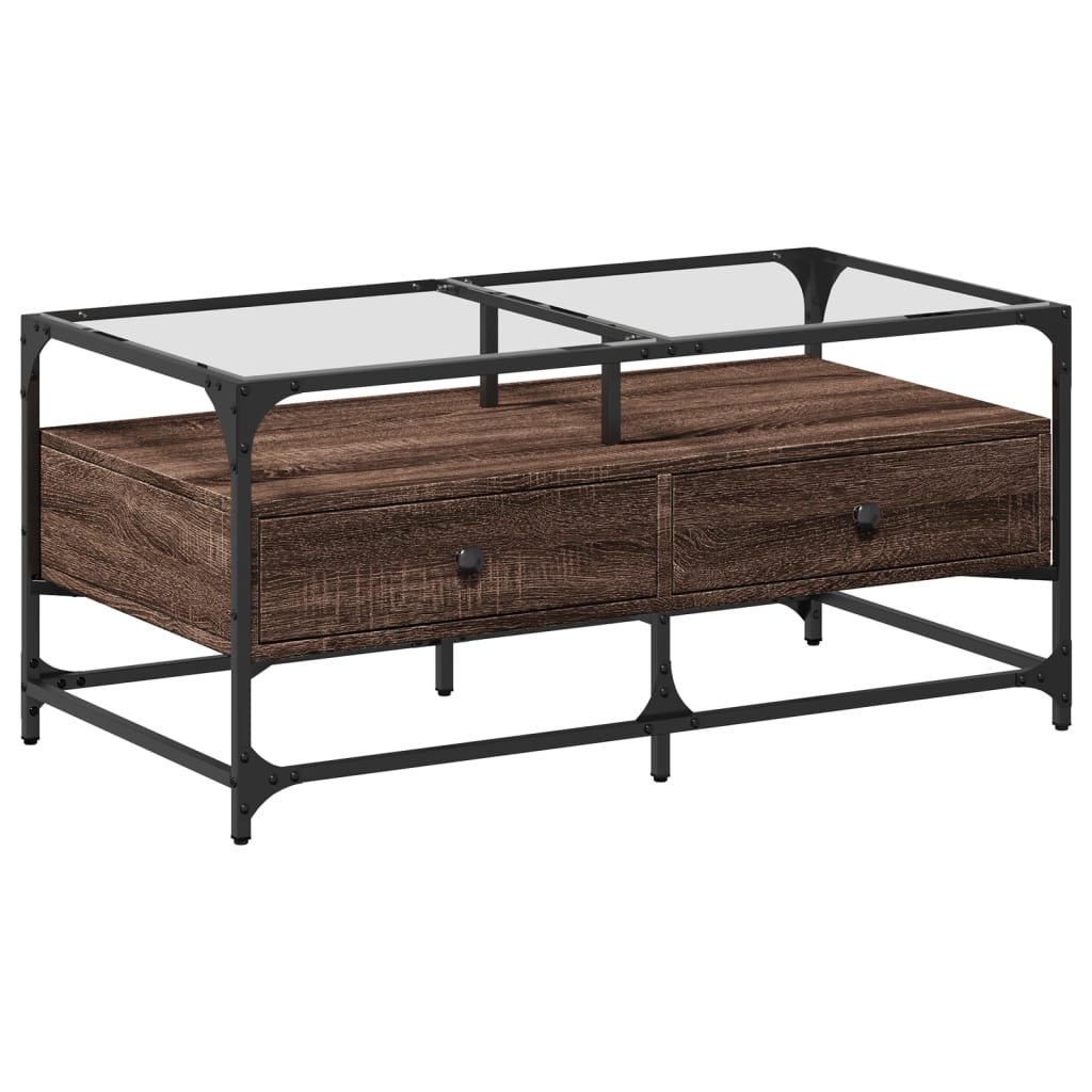Tavolino con Piano in Vetro Rovere Marrone 98,5x50x45cm Acciaio | homemem39