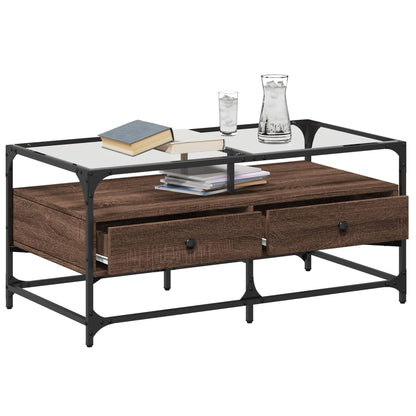 Tavolino con Piano in Vetro Rovere Marrone 98,5x50x45cm Acciaio | homemem39