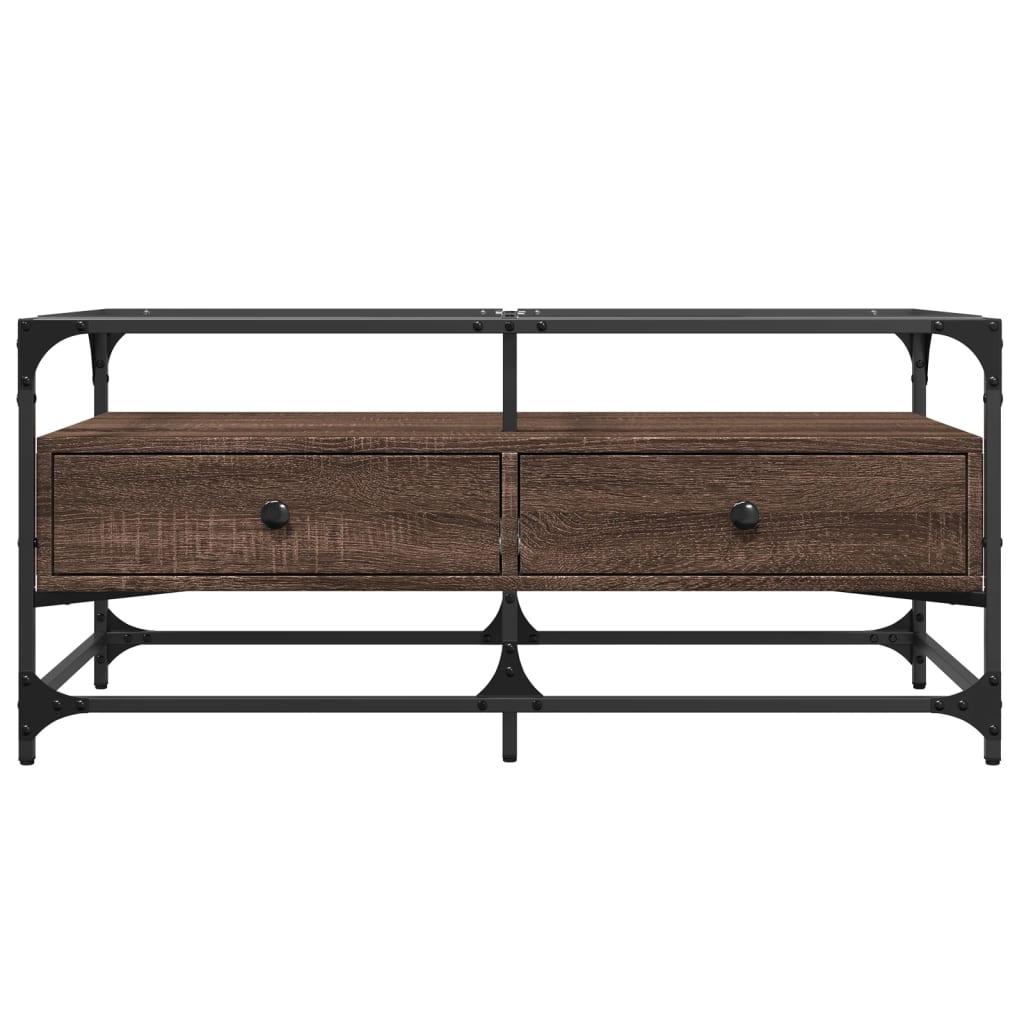Tavolino con Piano in Vetro Rovere Marrone 98,5x50x45cm Acciaio