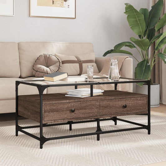Tavolino con Piano in Vetro Rovere Marrone 98,5x50x45cm Acciaio | homemem39