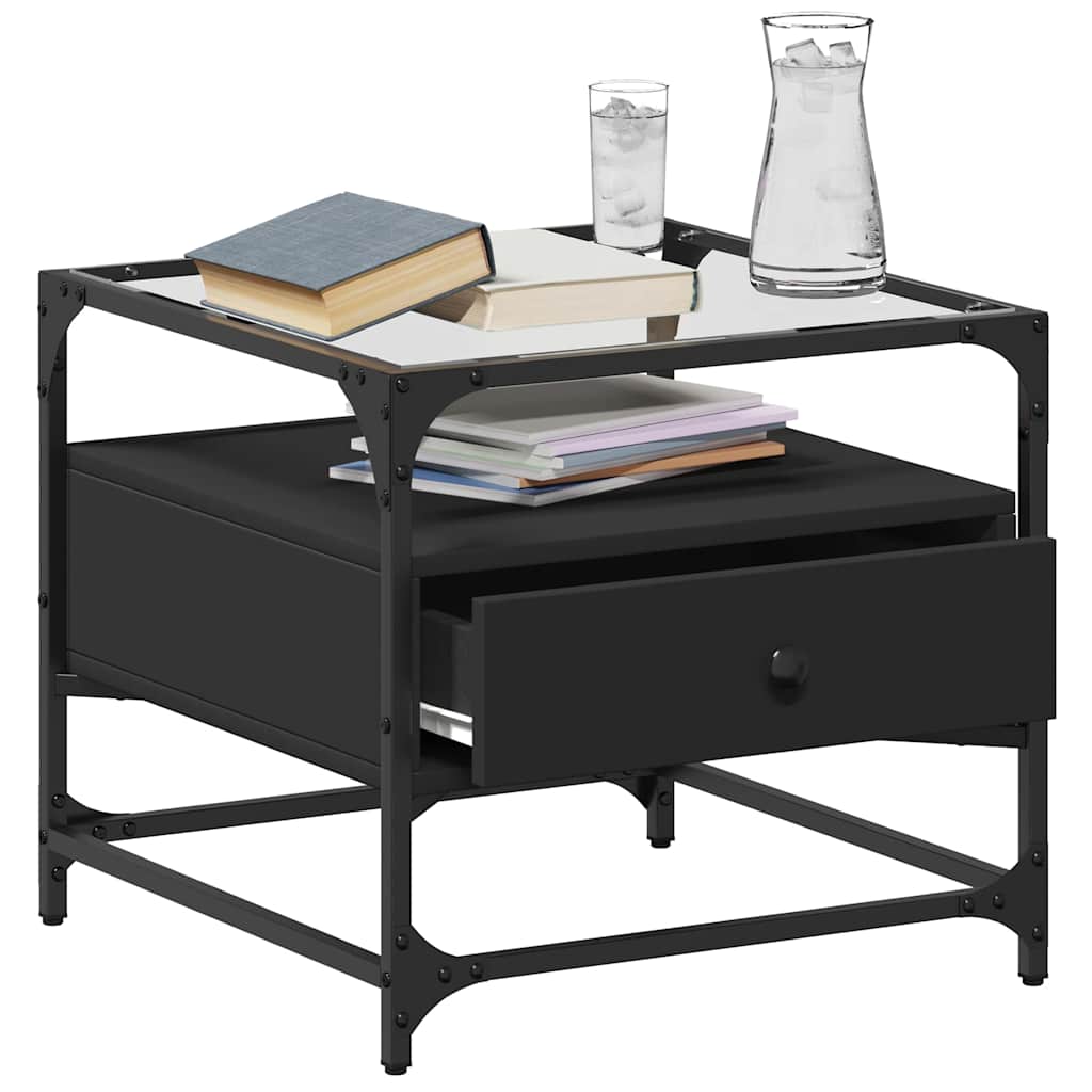 Tavolino con Piano in Vetro Nero 50x50x45 cm Acciaio | homemem39