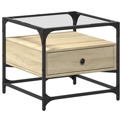 Tavolino con Piano in Vetro Rovere Sonoma 50x50x45 cm Acciaio | homemem39