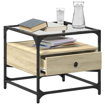 Tavolino con Piano in Vetro Rovere Sonoma 50x50x45 cm Acciaio