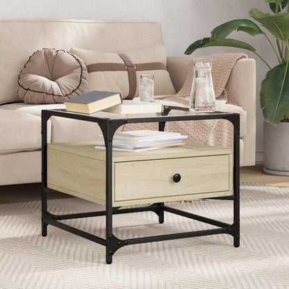 Tavolino con Piano in Vetro Rovere Sonoma 50x50x45 cm Acciaio | homemem39