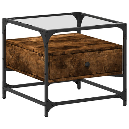 Tavolino con Piano in Vetro Rovere Fumo 50x50x45 cm Acciaio