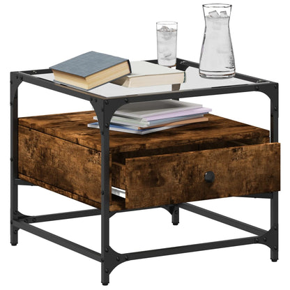 Tavolino con Piano in Vetro Rovere Fumo 50x50x45 cm Acciaio