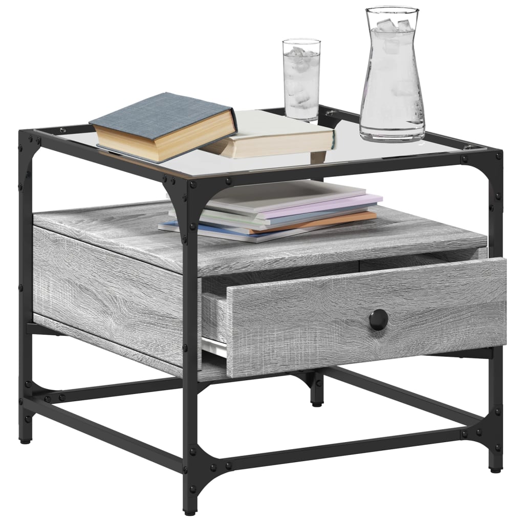 Tavolino con Piano in Vetro Grigio Sonoma 50x50x45 cm Acciaio | homemem39