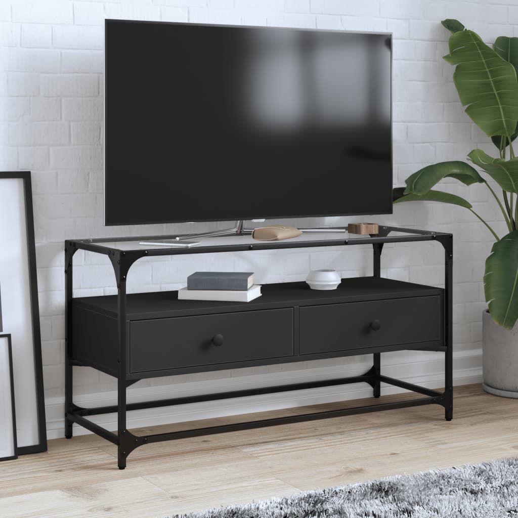 Mobile TV con Piano in Vetro Nero 98x35x51 cm Legno Multistrato - homemem39