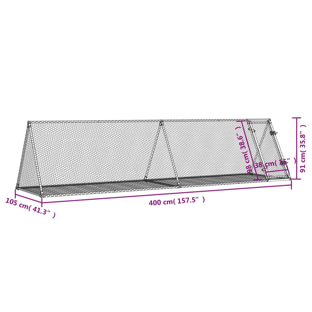 Gabbia per Conigli Argento 400x105x91 cm in Acciaio Zincato