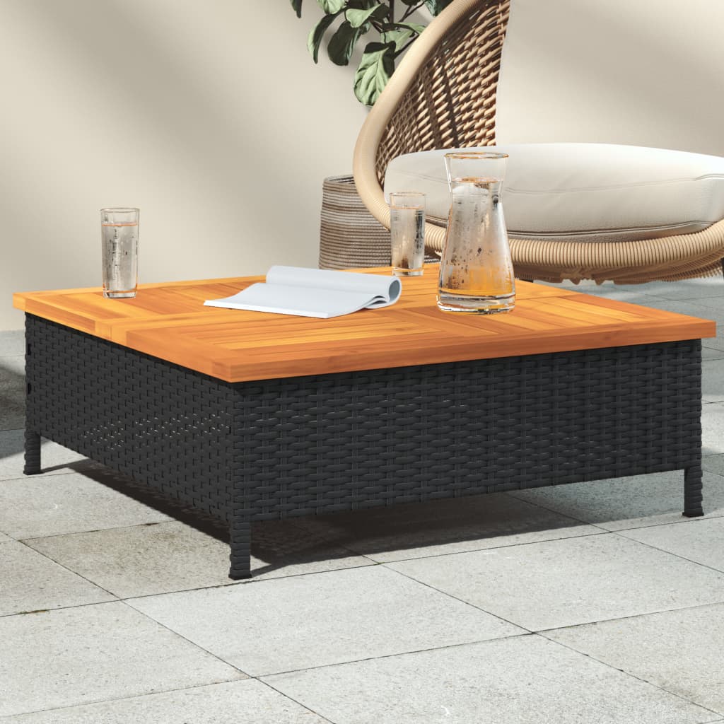 Black Garden Table 70x70x25cm in Rattan and Acacia Wood