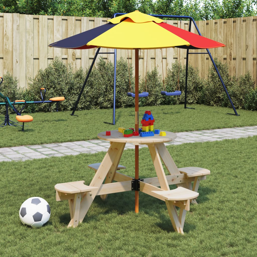 Tavolo Picnic per 4 Bambini con Ombrellone Rotondo Legno Abete | homemem39