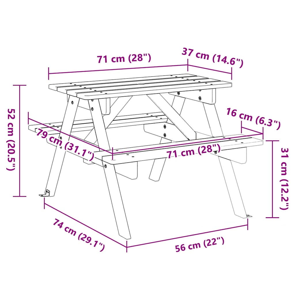 Tavolo da Picnic per 4 Bambini con Foro Ombrellone Legno Abete | homemem39