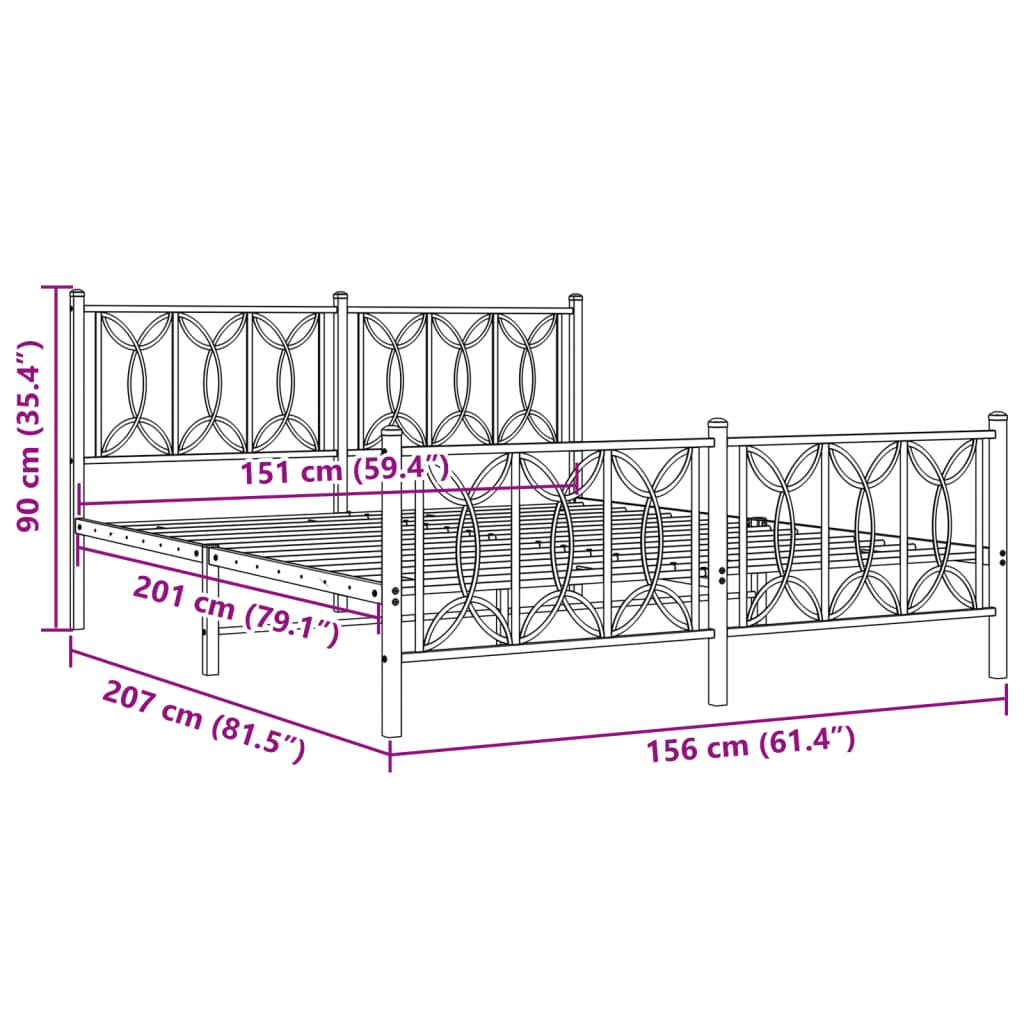 Bed frame with black metal headboard and footboard 150x200 cm