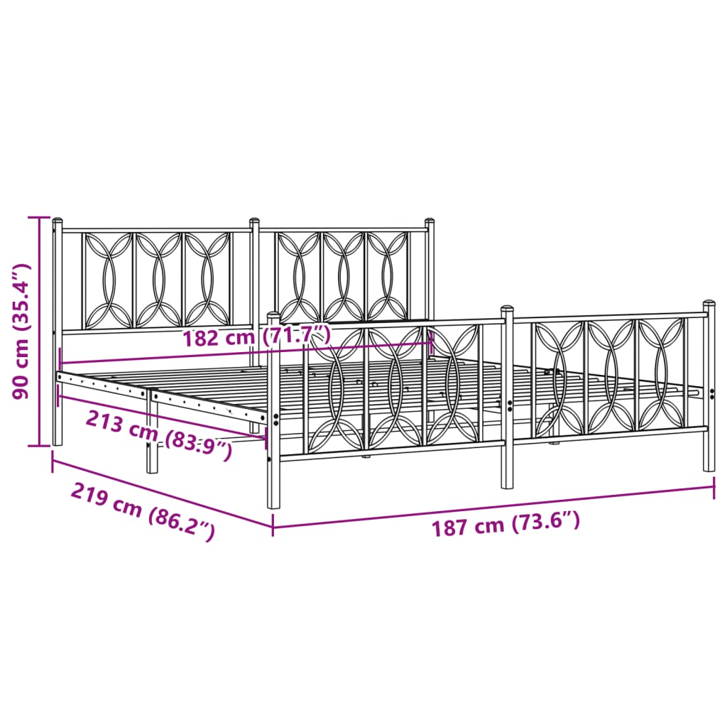 Bed frame with black metal headboard and footboard 183x213 cm