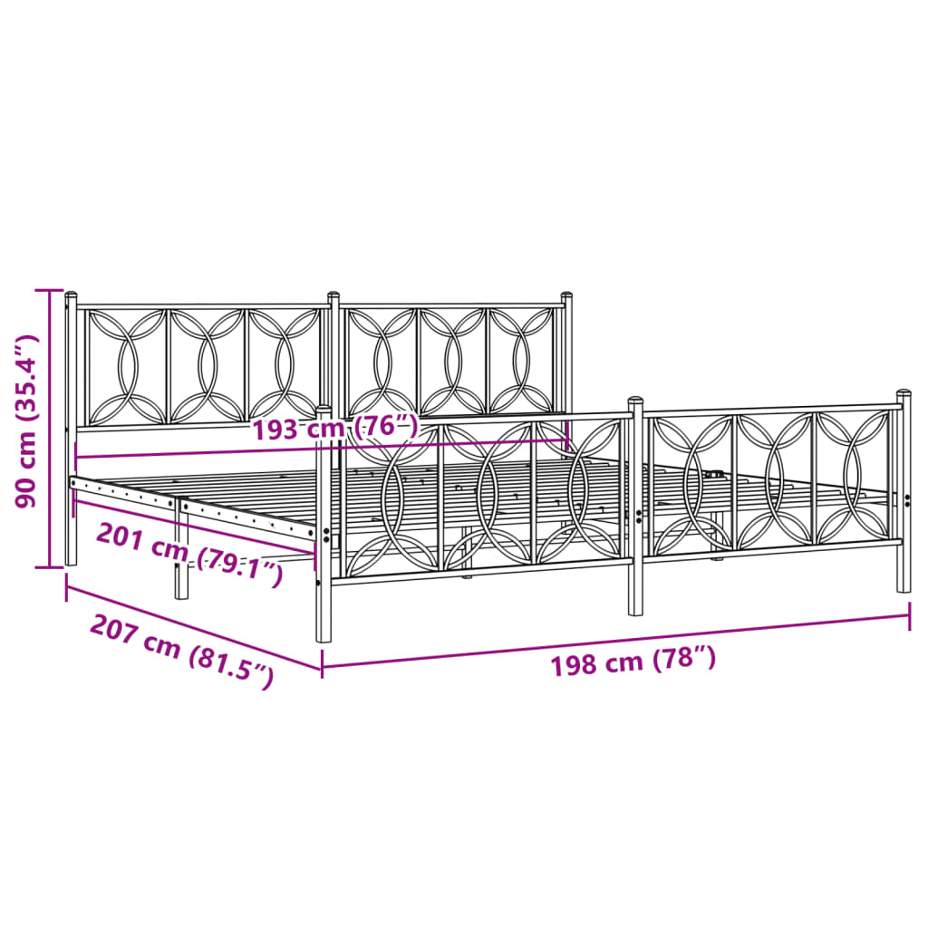 Bed frame with headboard and footboard in black metal 193x203 cm