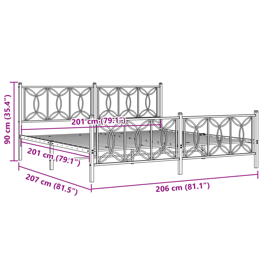 Bed frame with black metal headboard and footboard 200x200 cm