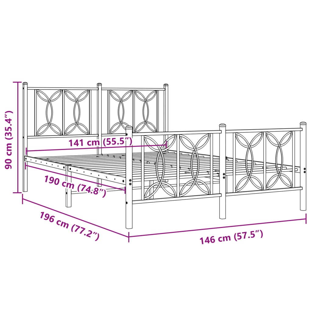 Bed frame with headboard and footboard in white metal 140x190 cm