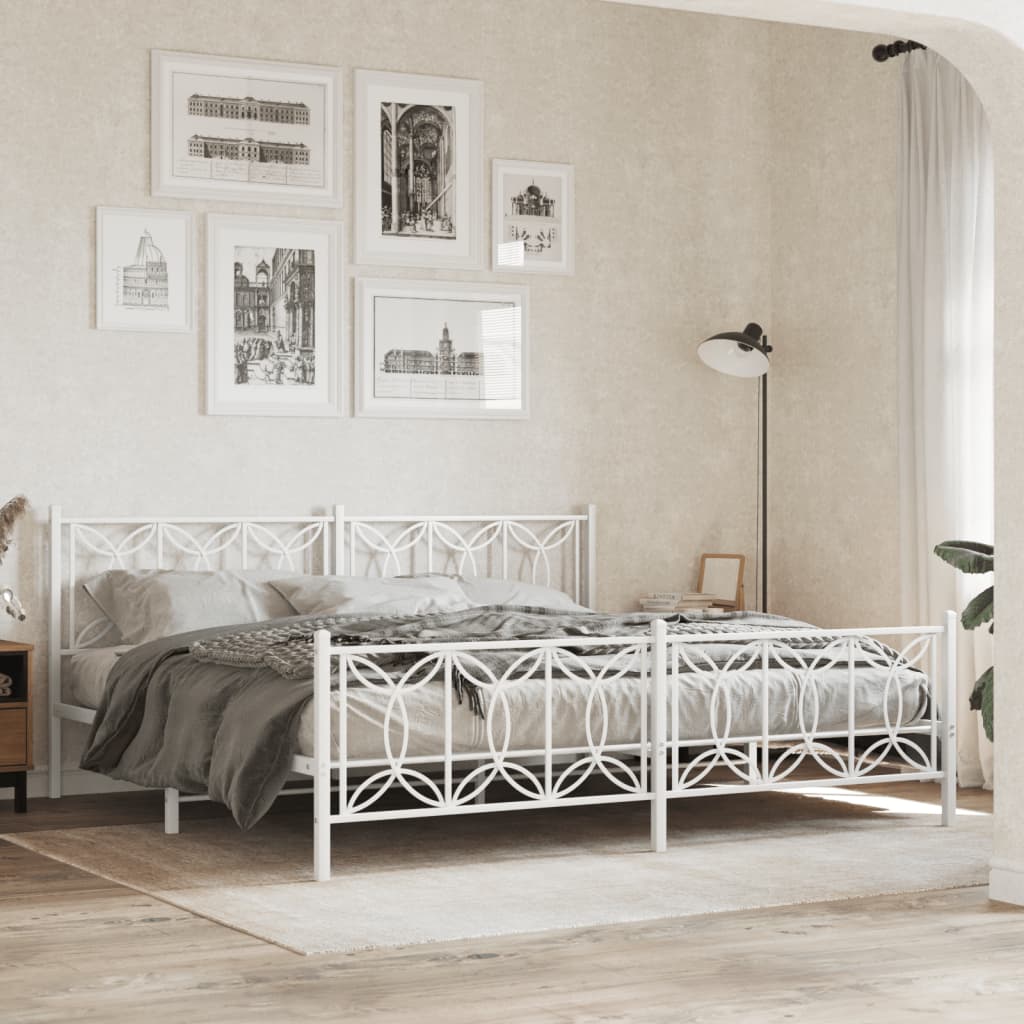 Bed frame with headboard and footboard in white metal 193x203 cm