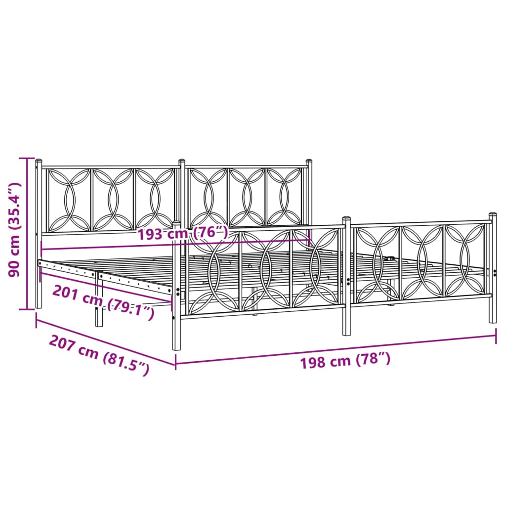 Bed frame with headboard and footboard in white metal 193x203 cm